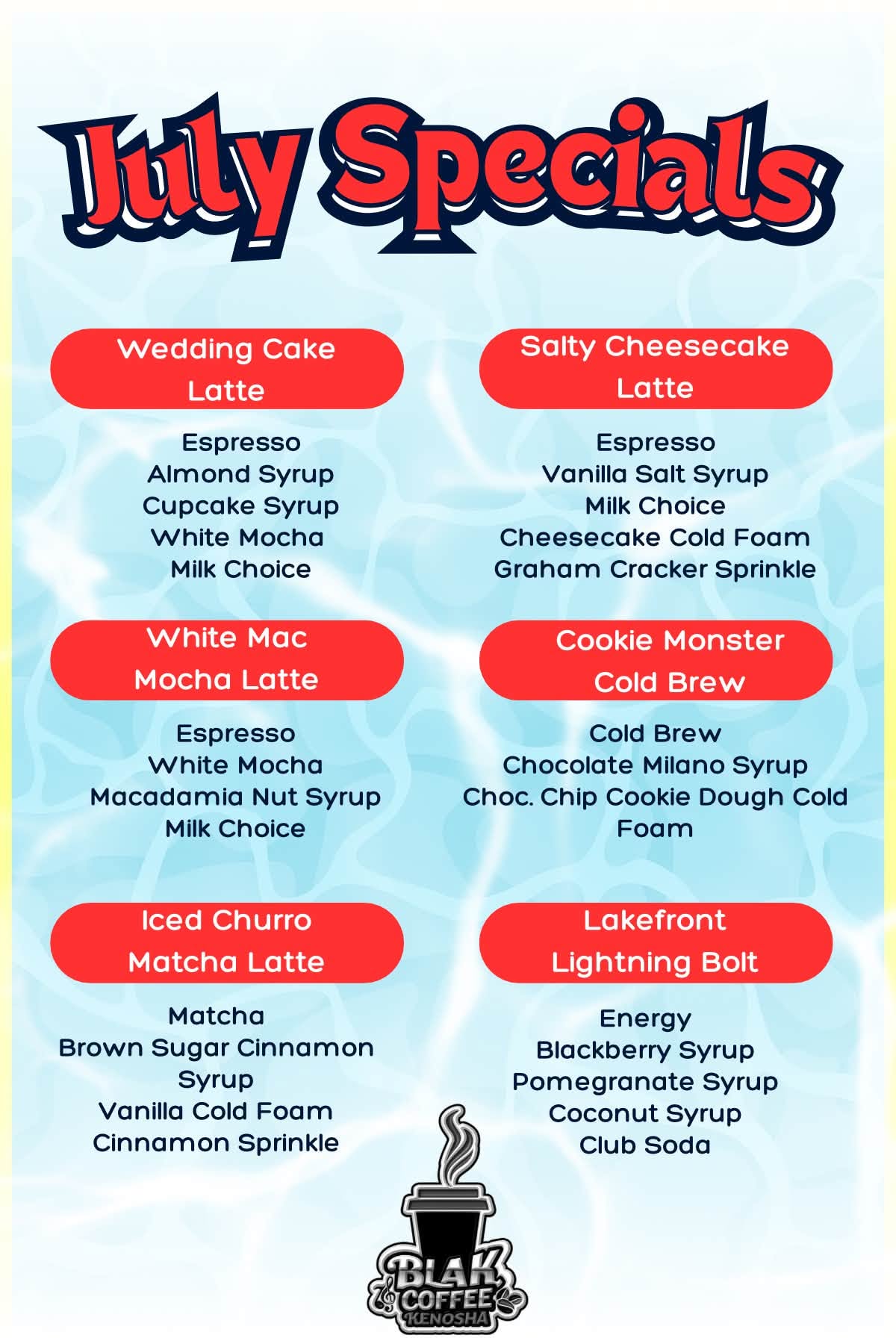 July specials menu featuring six seasonal drinks at BLAK Coffee Kenosha
